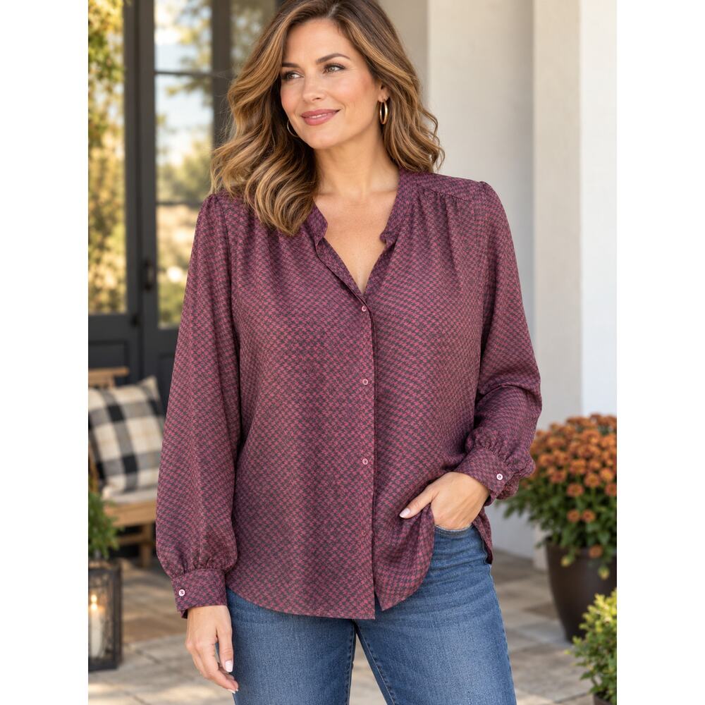 Joie Women’s Size L Burgundy Black Houndstooth Print Long Sleeve Blouse